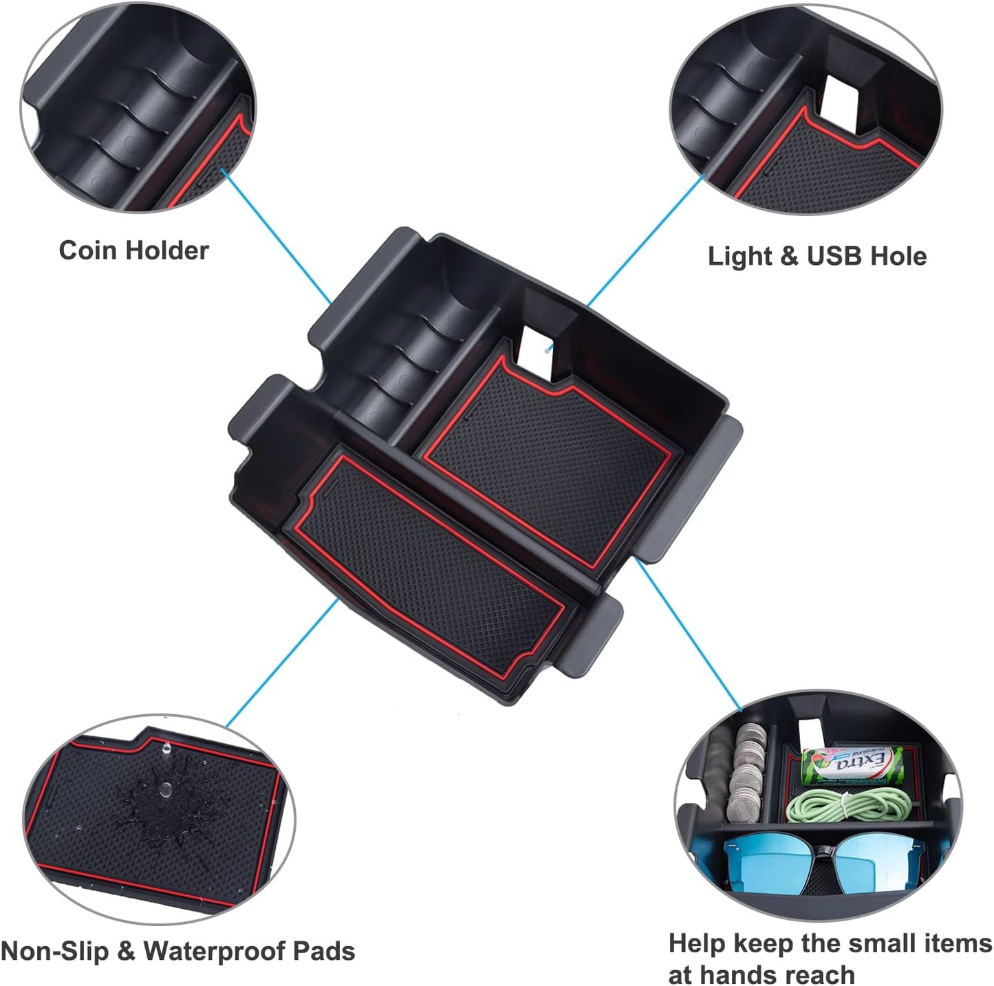 PIMCAR Center Console Organizer for Jeep Wrangler JL/JLU (2018-2026) & Gladiator JT (2020-2026) | Armrest Storage Tray | Interior Accessories (Not for JK/JKU) | Red Liner Trim