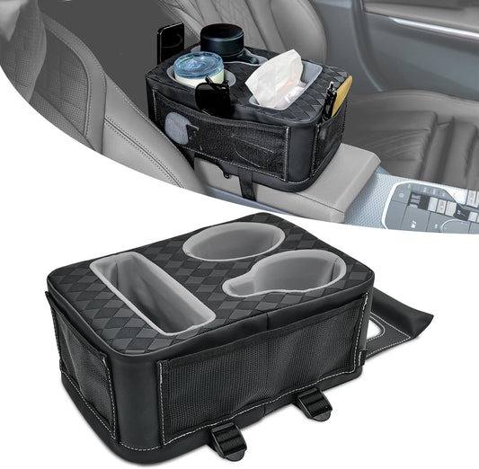 Center Console Cup Holder, Universal Car Armrest Storage Box with Bottle Holder & Tissue Slot & Side Pockets, Car Back Seat Truck Boat Couch Organizer PU Leather