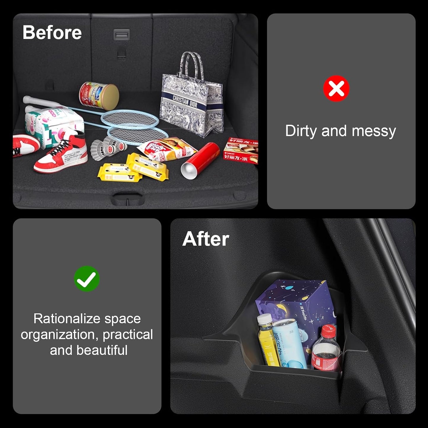 Rear Trunk Organizer Storage Box Compatible with 2025-2026 Tesla Model Y Juniper, TPE Cargo Side Storage Bin with Lids, Waterproof Anti-Rattle Organizer Accessories for Tesla Model Y 5 Seater