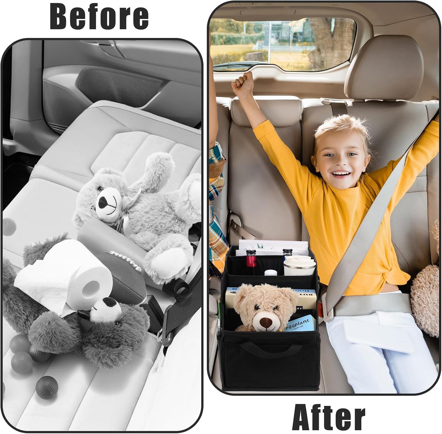 Honeydak Passenger Seat Organizer, Collapsible Car Storage for Console Front/back Seat with Multi-pockets Car Caddy Organizer Suv Truck for Kids Adults Accessories(Black,4 Compartments)