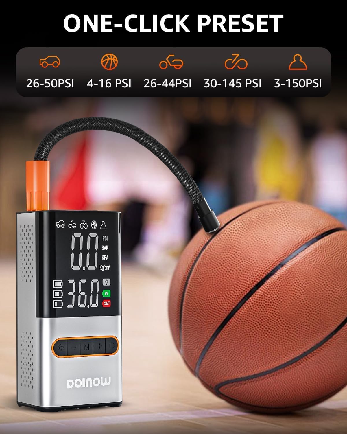 Tire Inflator Portable Air Compressor Cordless Mini Bike Pump with Digital Dual Values Display, 150 PSI Car Tires Air Pump with LED Lights&Pressure Gauge for Auto, Motorcycles, Bikes, Balls