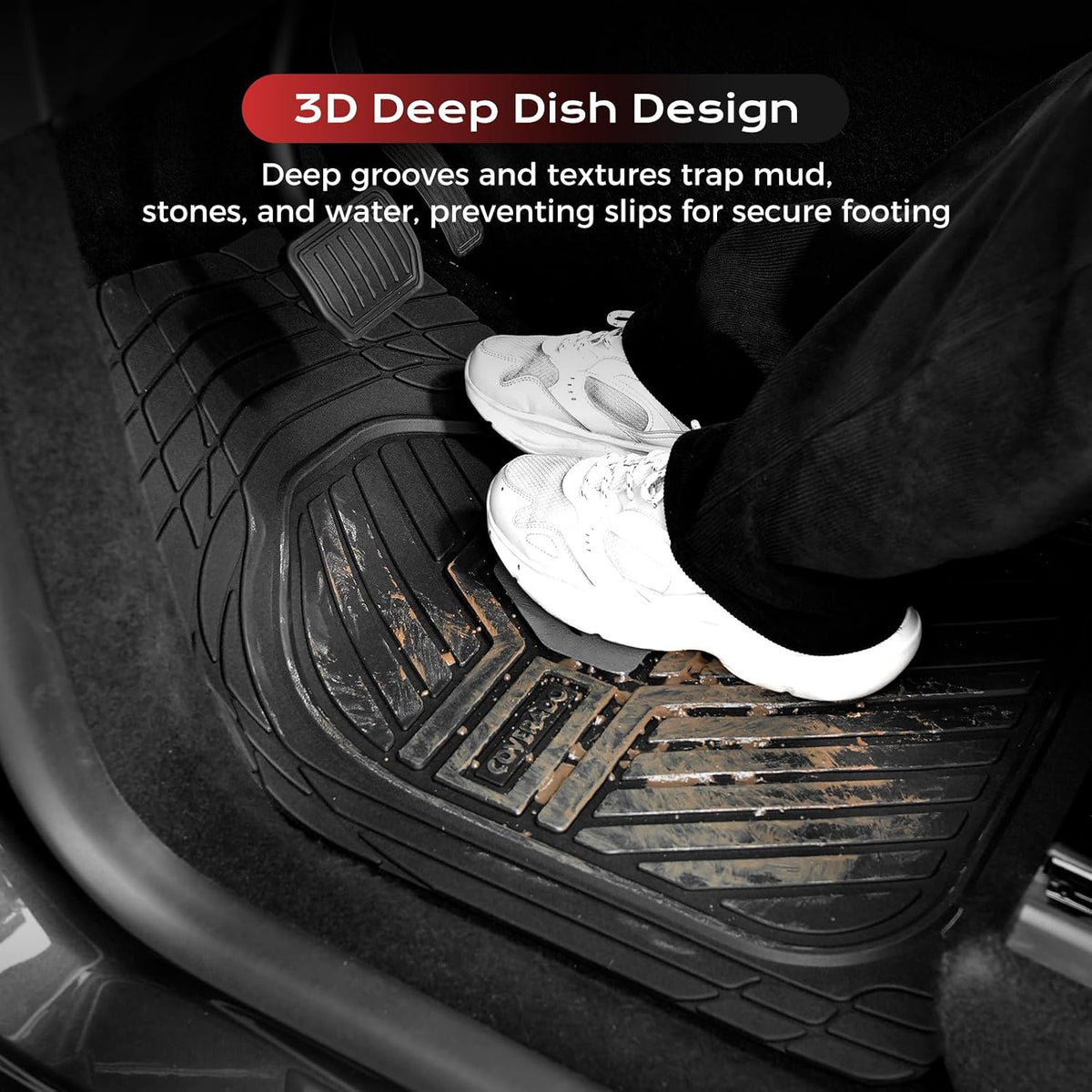Coverado Car Mats Full Set, Heavy Duty Rubber Floor Mats for Cars, Deep Dish Design All Weather Waterproof Car Floor Mats, Universal Trim-to-Fit Car Mats for Most Cars Trucks SUV, Black&Gray