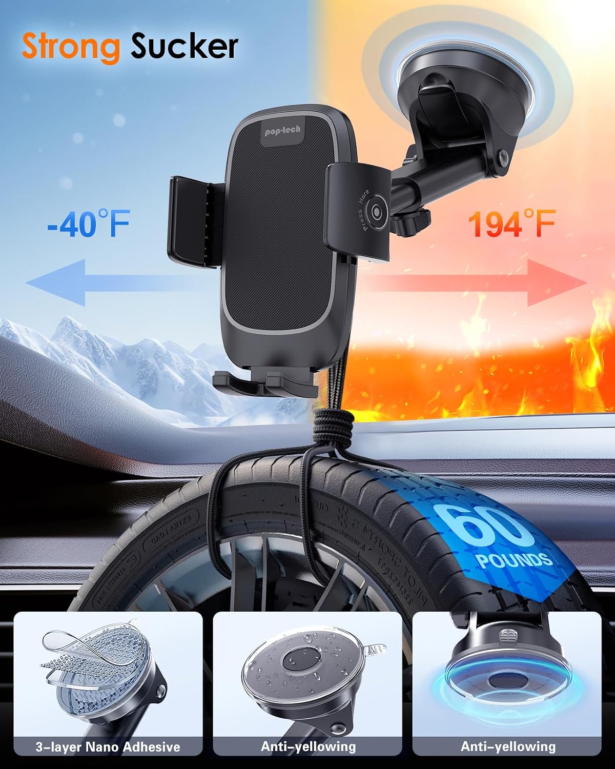 pop-tech Phone Mount for Car, [Military-Grade Suction] Universal Cell Phone Holder for Your Car Dashboard Windshield Window, Automobile Cradle Fit for iPhone Samsung All Smartphones with Thick Case
