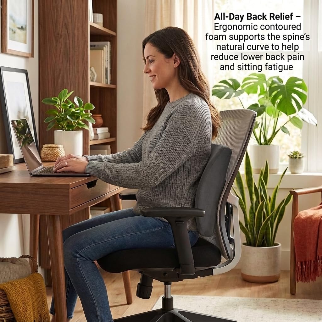 NOVA Lumbar Back Cushion – Contoured High-Density Foam Back Support Pillow for Office Chair, Car, Plane & Wheelchair, Adjustable Strap, Removable Washable Velour Cover, Charcoal Blue (14” x 13”)