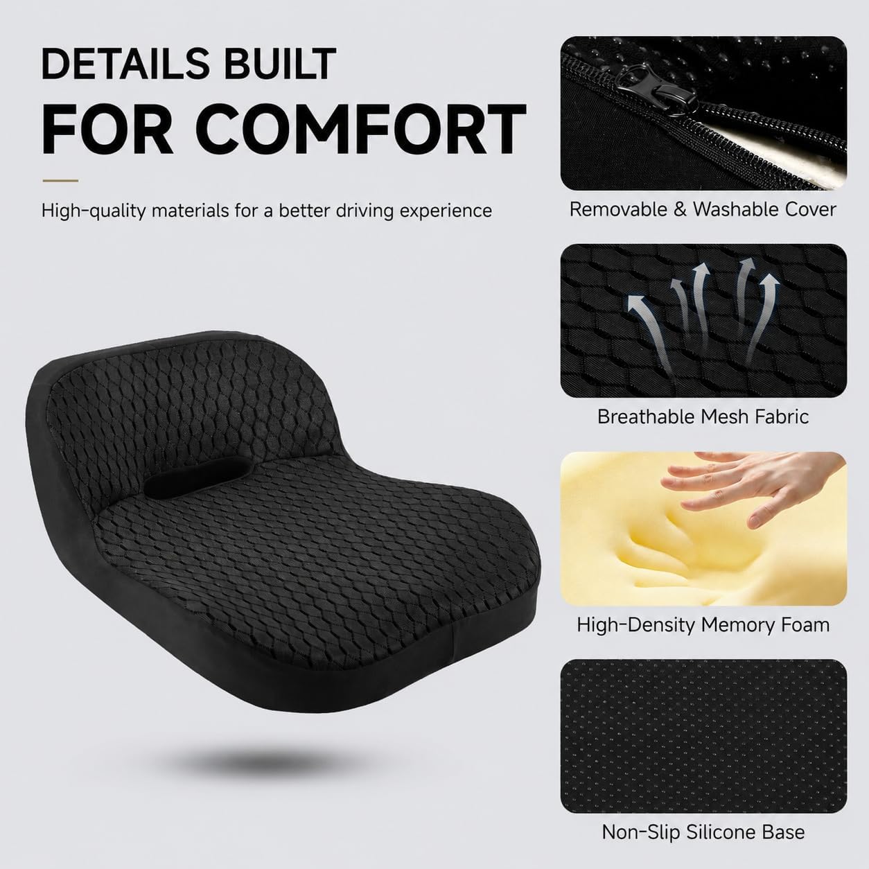 Car Seat Cushion with Integrated Lumbar Support, Memory Foam Pain Relief | Gap-Filling Design, Breathable Mesh Cover, Elevated Seating, Ergonomic Support for Driving Comfort and Long Trips
