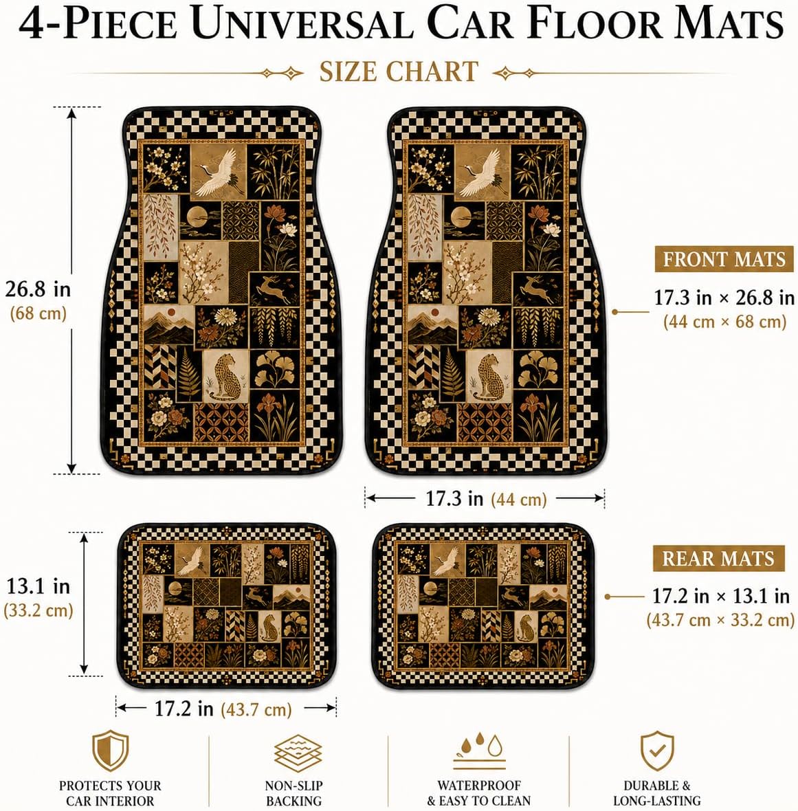 Crane Oriental Patchwork Car Floor Mats 4 Piece Set, Checker Flora Universal Auto Floor Mats for Cars SUVs Trucks, Non-Slip Easy Clean Durable All-Weather Interior Mats