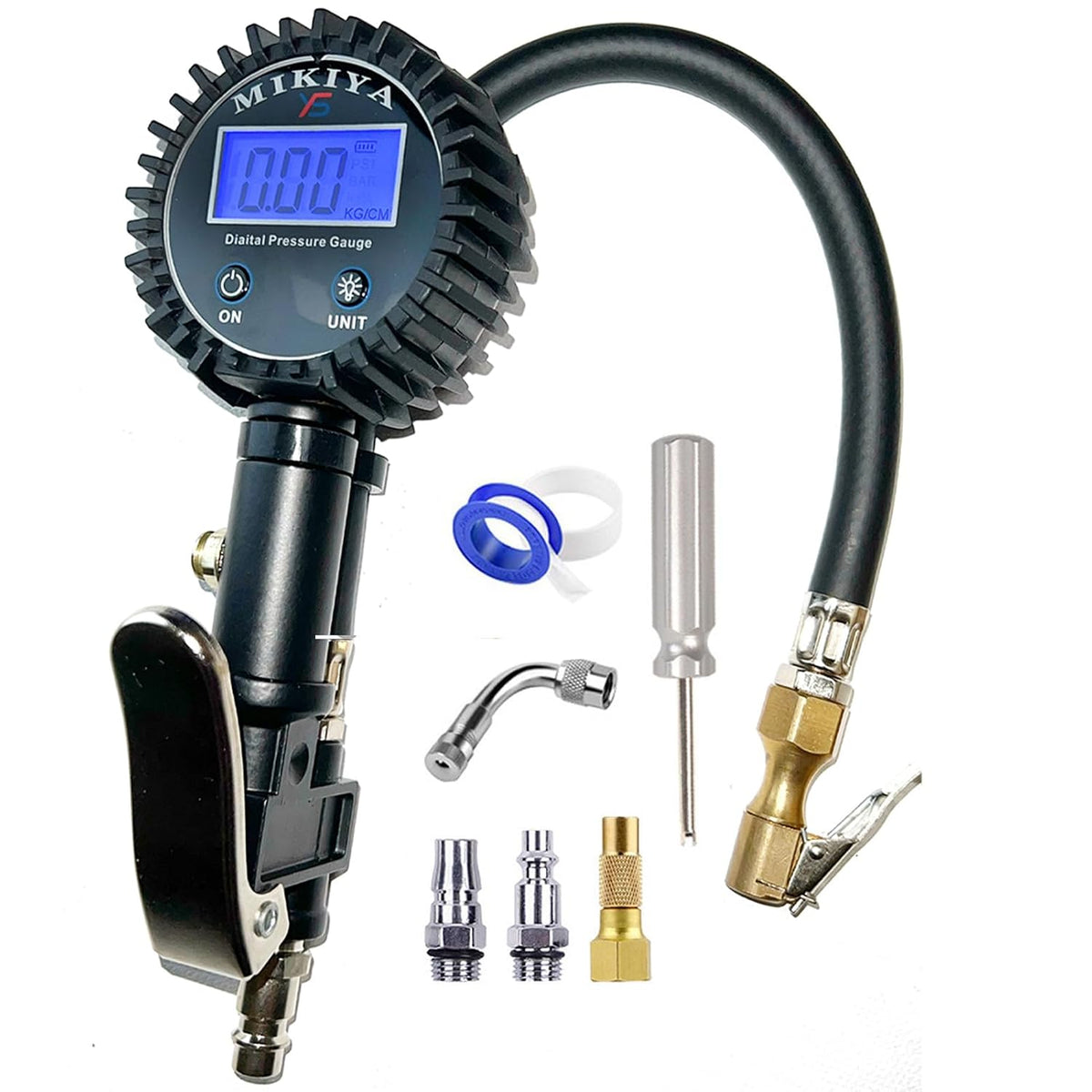 Digital Tire Pressure Gauge with Inflator, 250 PSI,Heavy Duty Air Compressor Accessories, with Rubber Hose Lock on Air Chuck and Quick Connect Coupler (YS-DTP-B)