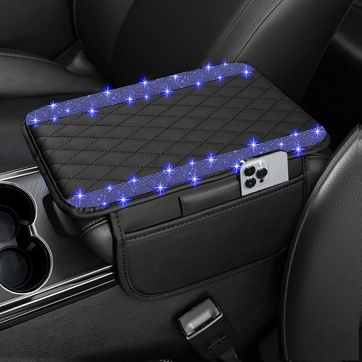 NBTEPEM Bling Car Center Console Cover, Leather Car Arm Rest Cover Cushion with 2 Storage Bags, Middle Console Cover Universal Armrest Protector Pads, Bling Accessories for Most Vehicles (Blue)