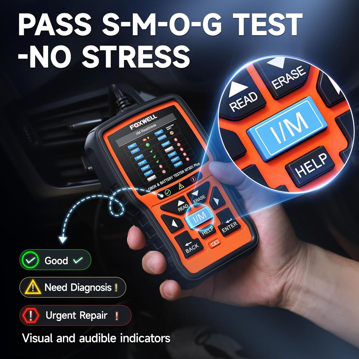2-in-1 FOXWELL NT301 Plus OBD2 Scanner with 12V Battery Tester, Check Engine Light Code Reader, Car Battery/Starter/Charging System Test, Live Data Diagnostic Tool for 1996+ OBDII Vehicles
