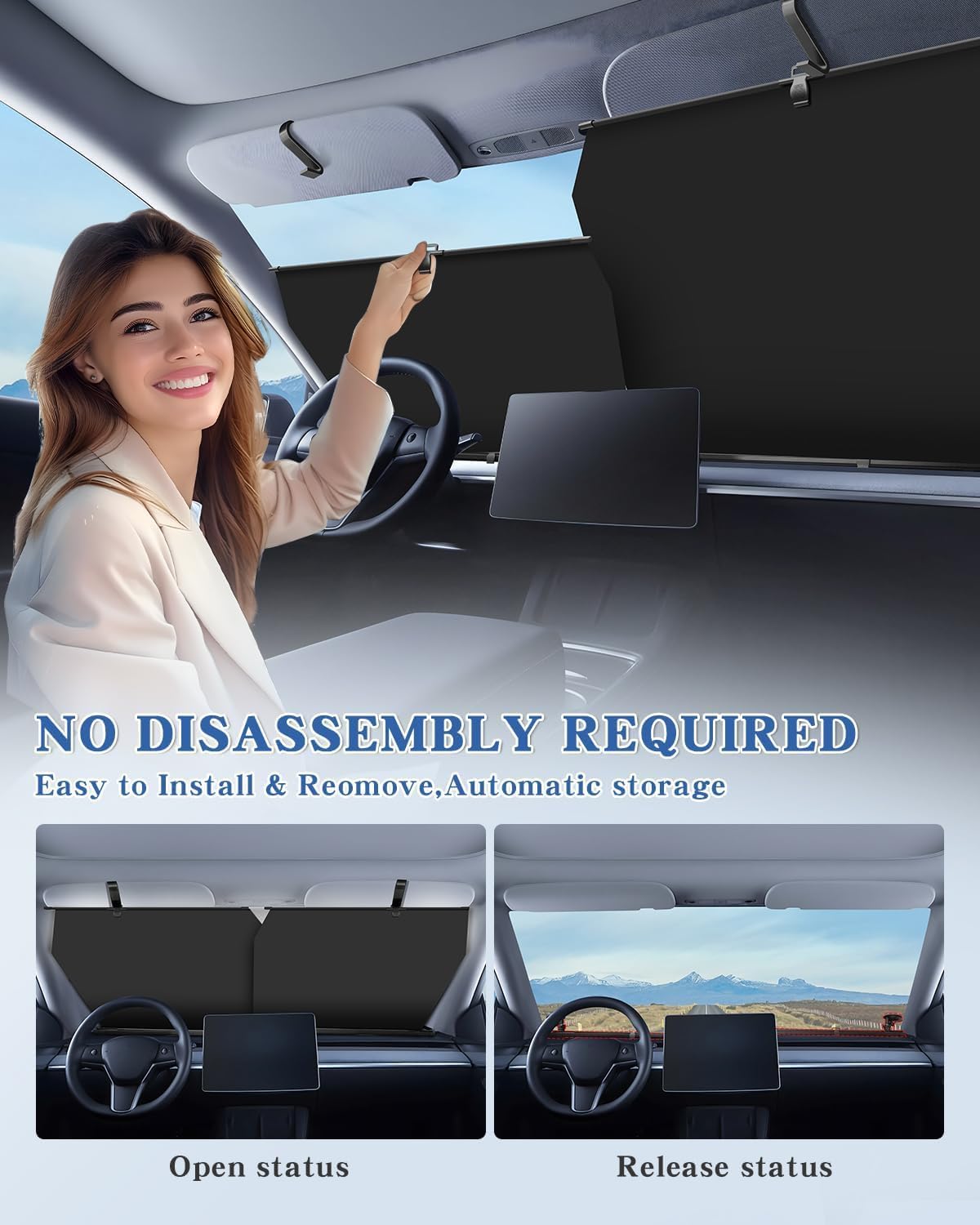 2026 Auto Retractable Sun Shade for Car Windshield - Adjustable Automatic Front Window Sunshade for UV & Heat Protection - Universal Fit for Outdoor Camping & Daily Parking (Not Fit Dashboard Bulge)