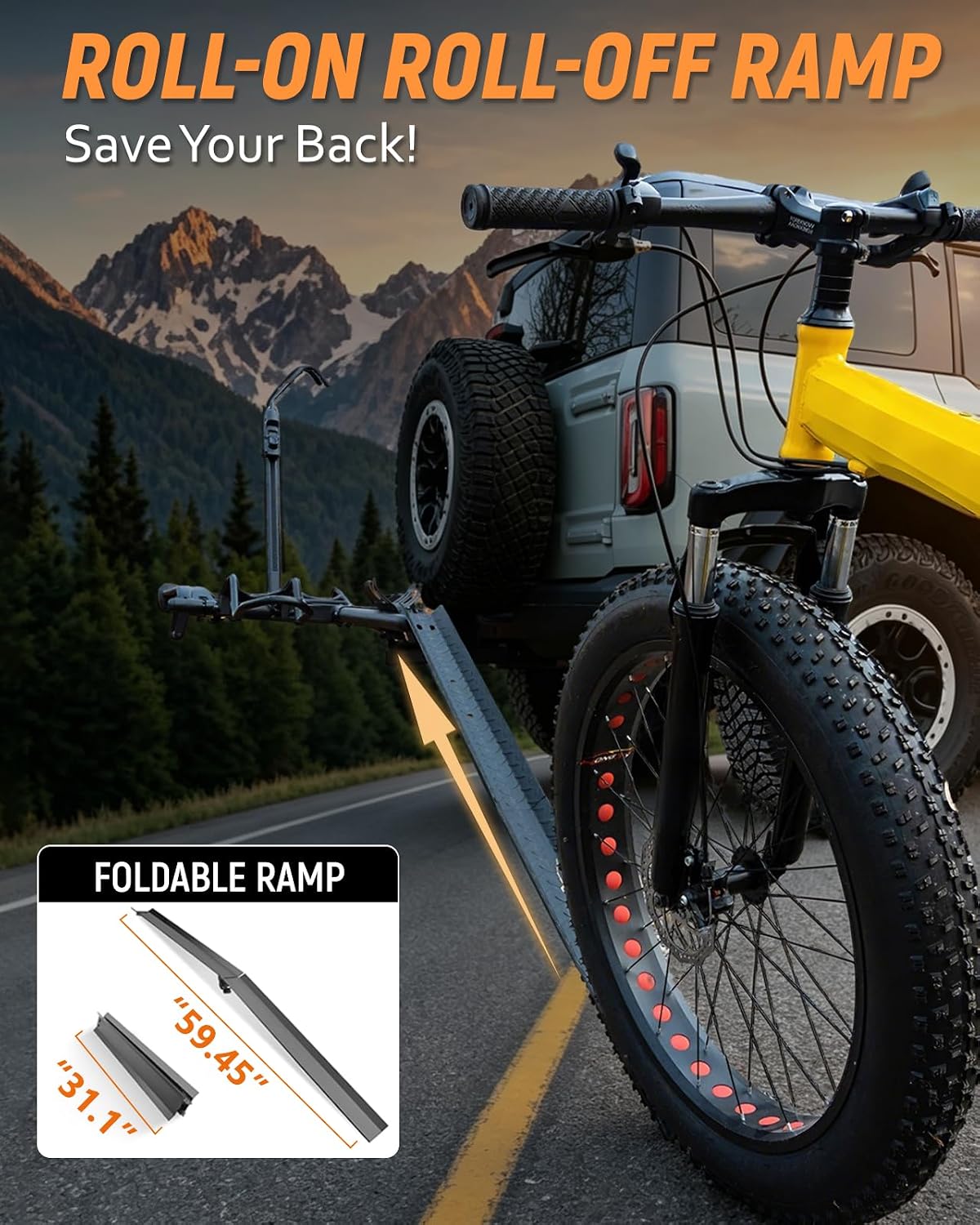 MEEVIZ Ebike Rack with Ramp for Tow Hitch, 200lbs Capacity for Heavy Duty Electric Bike Fat Tire, Smart Tilting & Foldable Platform Carrier for Car, SUV, Truck, Van with 2" Receiver