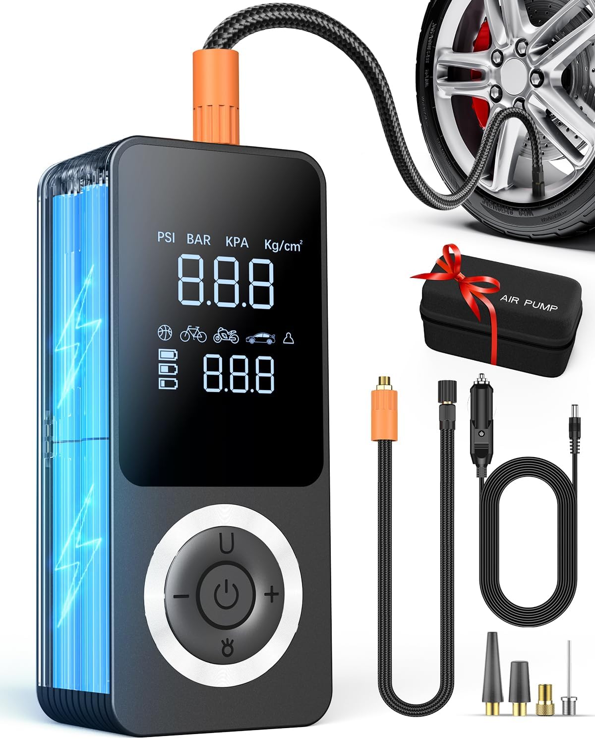 2026 Upgraded Tire Inflator Portable Air Compressor with 3X Fast Inflation, Auto Shut-off, LED Light, Type-C Charge, Long Runtime, 12V Car Power Adapter, Storage Box