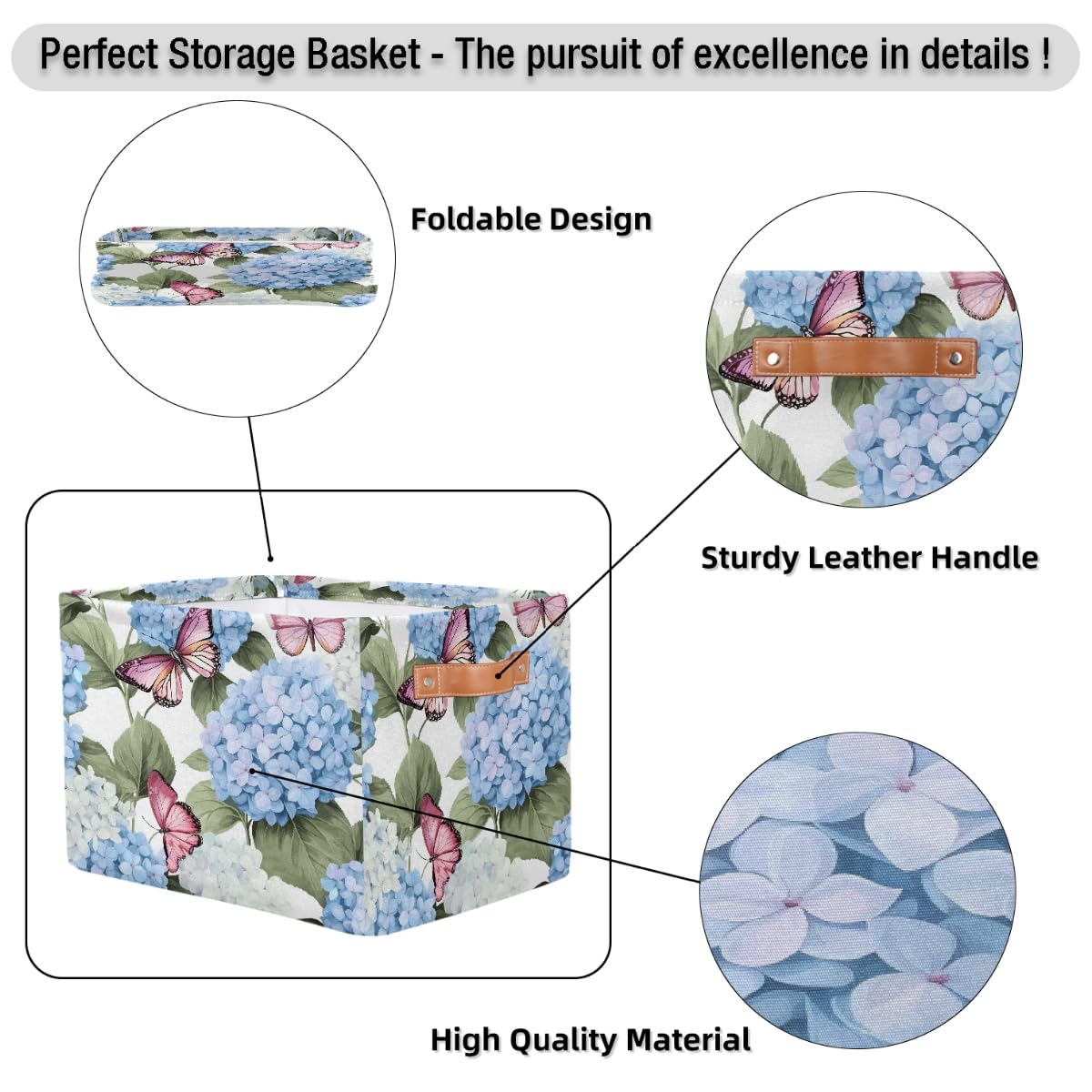 Blue Hydrangea Flowers Storage Baskets for Organizing, Fabric Collapsible Storage Bins Box Pink Butterfly Decorative Toy Organizer Baskets for Closet Shelves Gift Basket 1 Pc