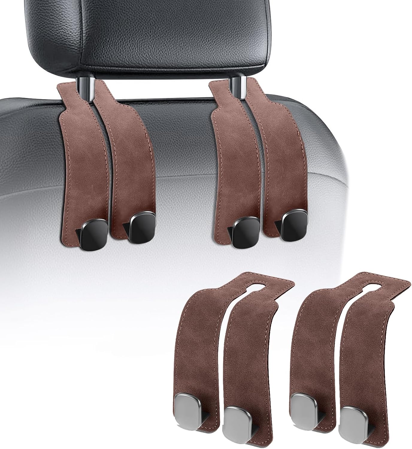 TwinHook Leather Car Headrest Hangers, Car Headrest Hooks for Purse and Bags, 2-in-1 Leather Car Seat Back Storage Hook, Anti-Slip Purse Holder for Car, Supports Up to 50 lbs (Gray-2 Pack)