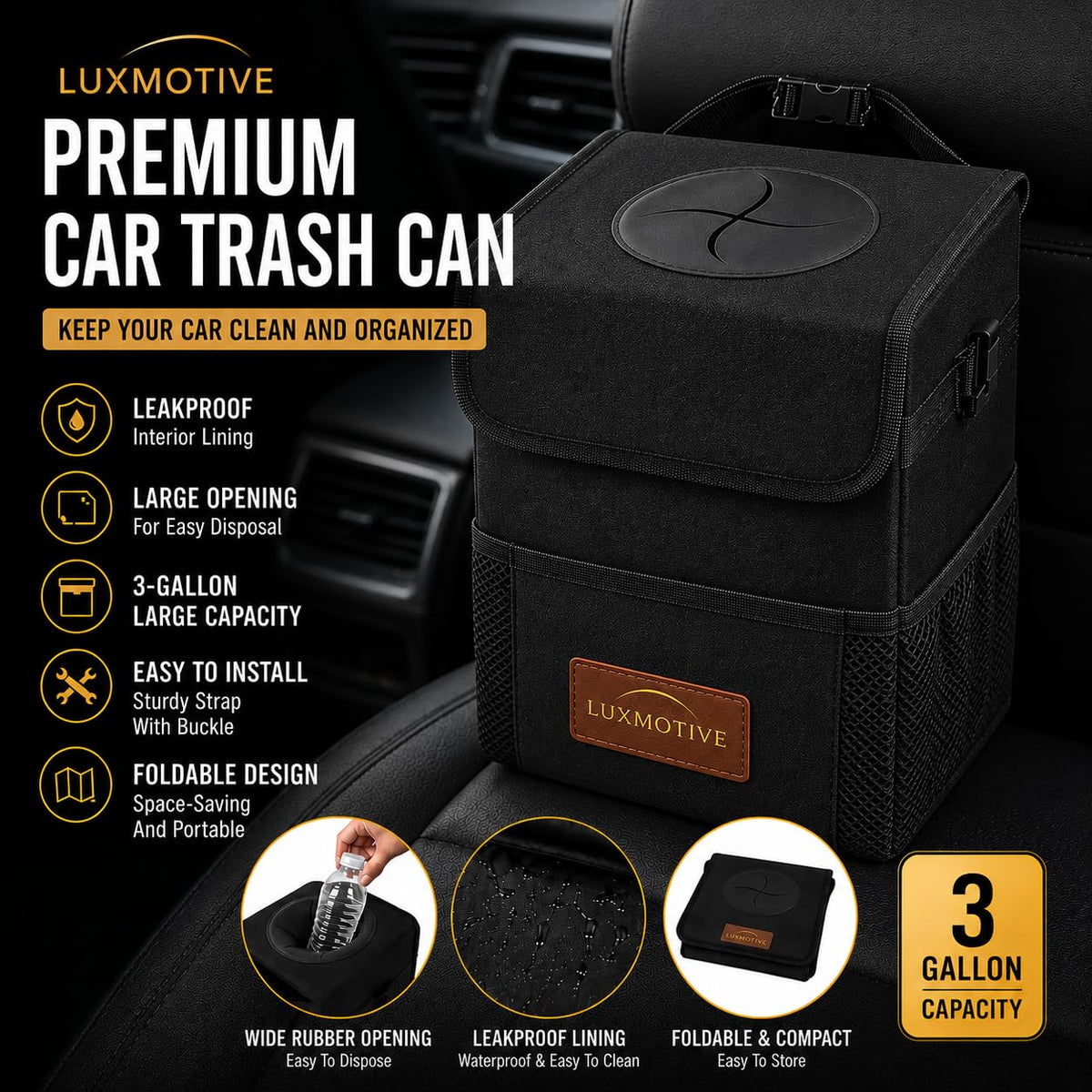 Car Trash Can Premium 3-Gallon Waterproof with Lid, Foldable Leakproof Auto Garbage Bin Organizer with Adjustable Strap, Reflective Interior & Mesh Storage Pockets (Black)