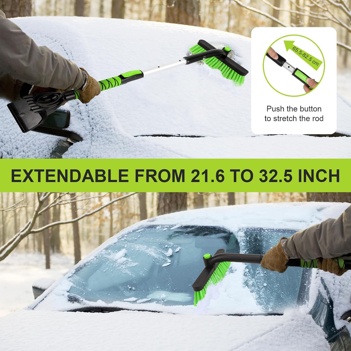 Snow Brush with Ice Scraper 33 inch, 2 in 1 Extendable Snow Removal for Cars with Foam Grip and 360° Pivoting Brush Head, Heavy Duty Snow Cleaner for Auto Truck SUV