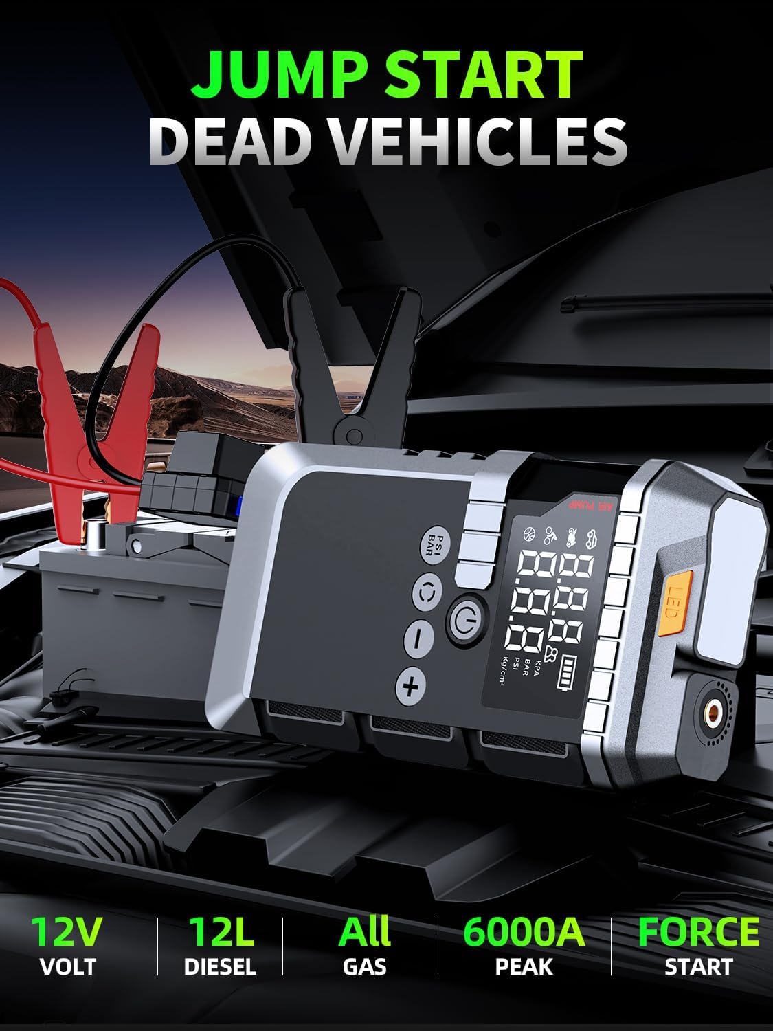 Portable Car Battery Jump Starter with Air Compressor (All Gas/12L Diesel)