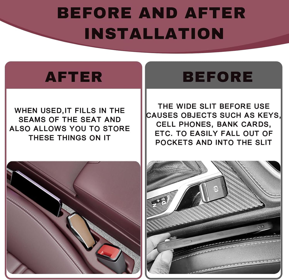 2PCS Car Seat Gap Filler Organizer, Multifunctional Car Gap Filler Organizer Storages Function for Storing Phones Keys Cards, Universal No Drop Seat Guard for Cars ﻿ (Red)