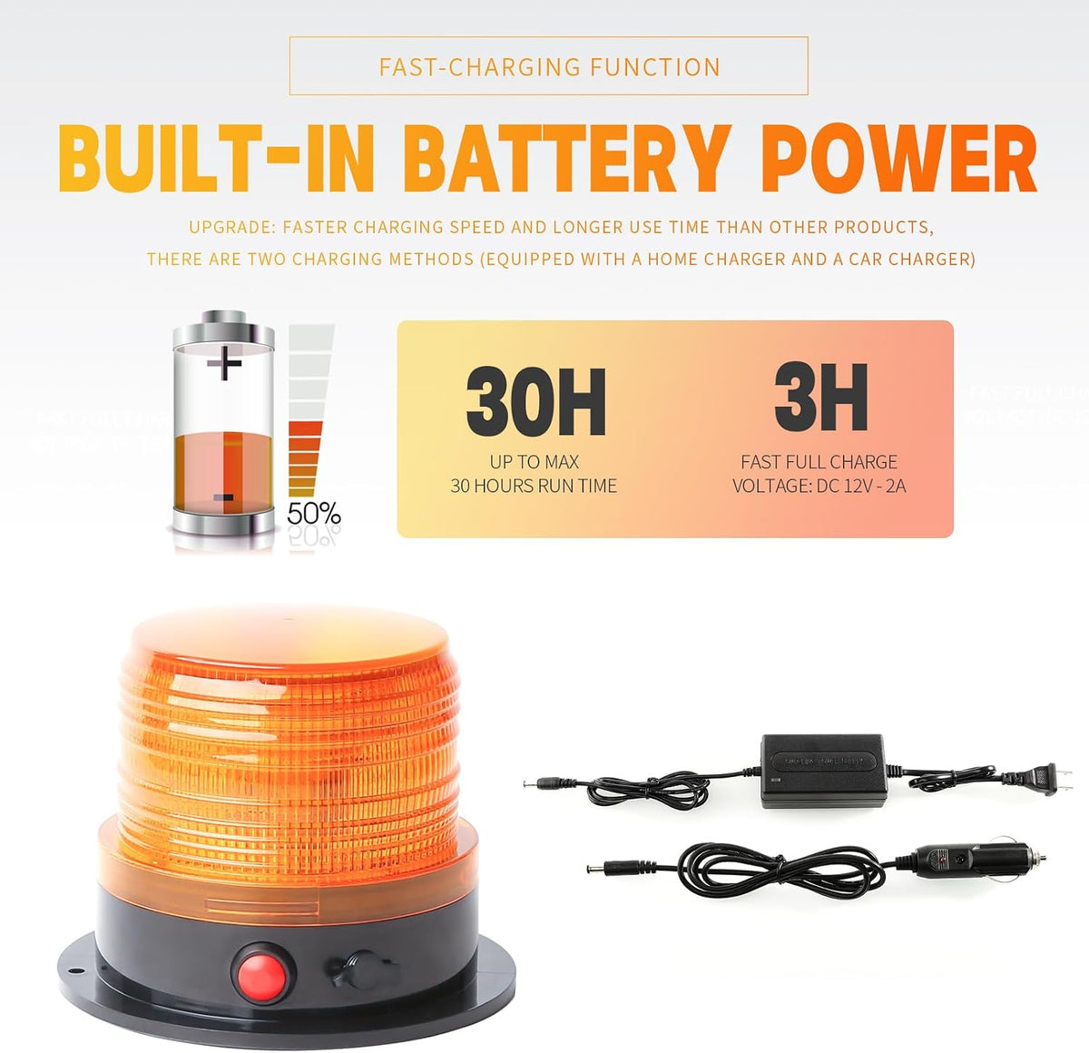 Battery Operated Amber Strobe Beacon Light w/Magnetic Base 2-Pcs
