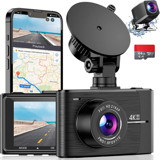 GUGTTR 4K Dash Cam Front Rear, Dash Camera for Cars with Wi-Fi GPS, 4K+1080P Dashcam with APP, 3.16” IPS Screen, Night Vision, 170°Wide Angle, Loop Recording, G-Sensor, Parking Monitor,Free 64GB Card