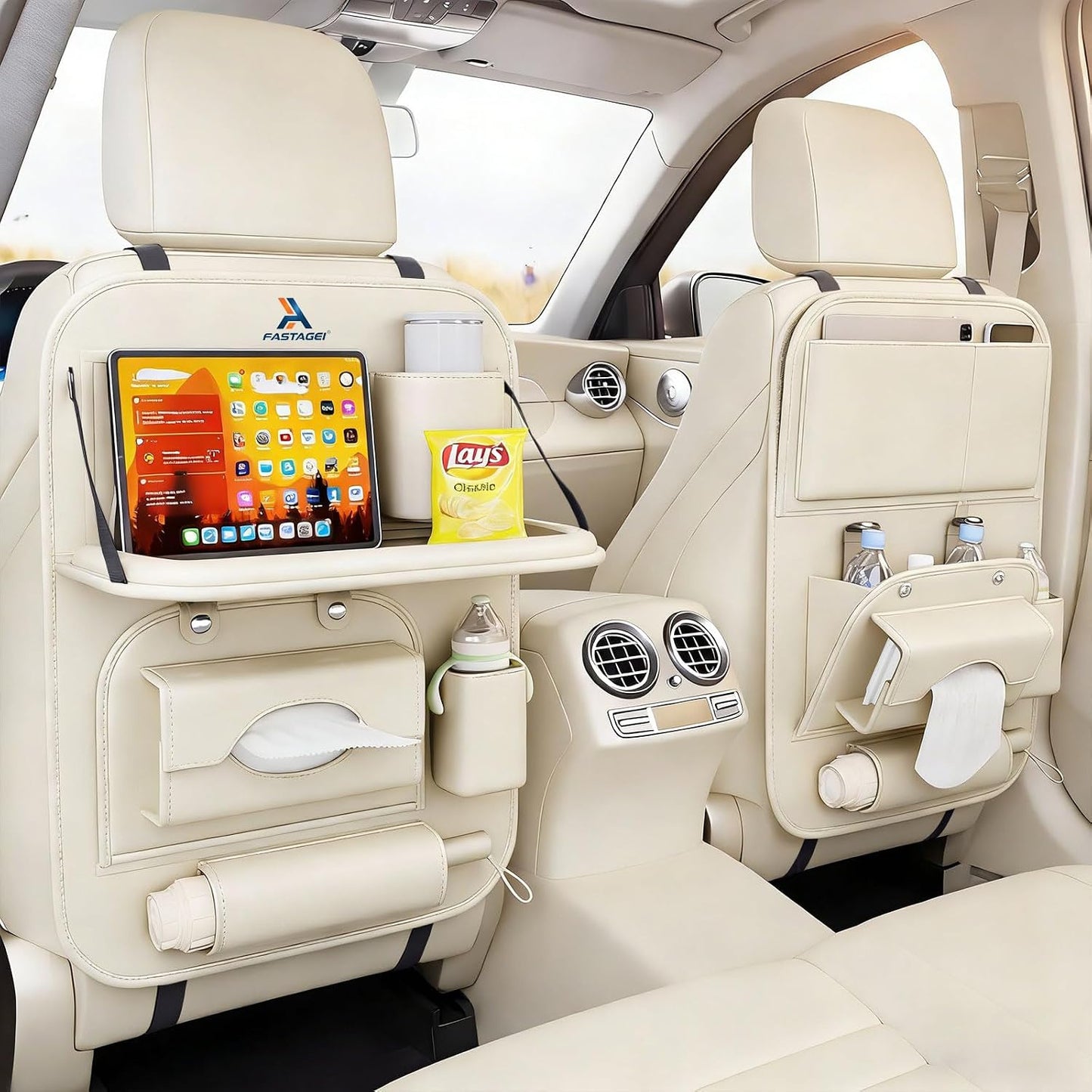 Universal Premium Leather Foldable Car Backseat Organizer with Table Tray, Car Seat Back Protector with Garbage Bag Touch Screen Pad Holder, Car Kick Mats Protector with Tissue Holder (Beige)
