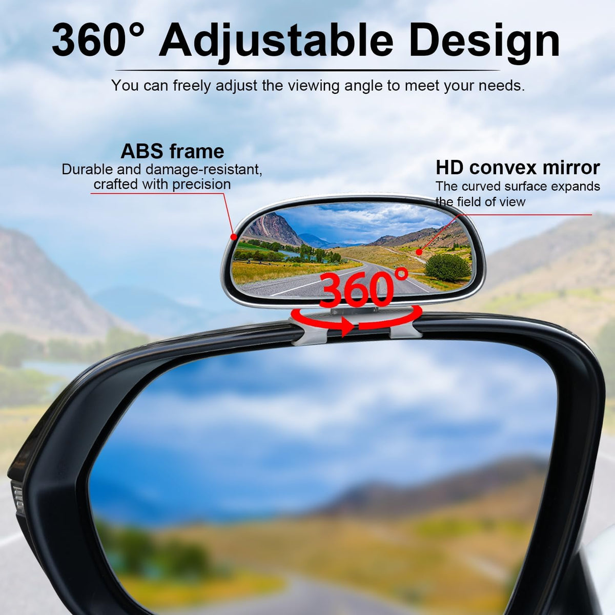 LivTee Clip on Blind Spot Mirror, HD Glass Frameless Convex Rear View Mirrors Exterior Accessories with Wide Angle Adjustable Stick for Car SUV and Trucks, Silver