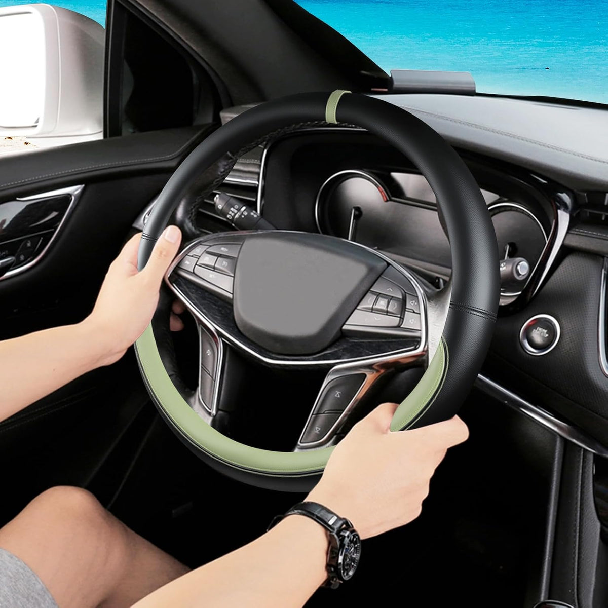 Black Avocado Green Car Steering Wheel Cover, Nappa Leather, Bottom Color Blocking, Universal 14.5-15 Inch Leather Anti-Slip Breathable Auto Steering Wheel Covers for Men Women