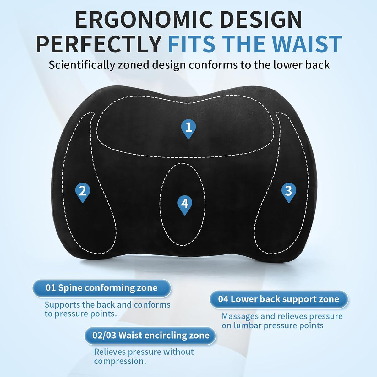 Lumbar Support Pillow for Car, Memory Foam Back Support Lumbar Pillow for Car, Gaming, Office Chair, Ergonomic for Lower Back Pain Relief, Comfortable and Soft Fabric, Black