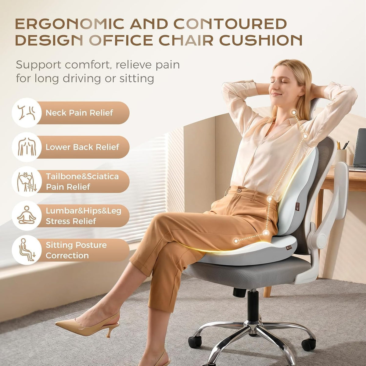 Coverado Car Seat Cushion Back Support Pillow Neck Headrest Pillow, Ergonomic Memory Foam Sciatica & Back & Tailbone Pain Relief Cushion for Office Chair Seat Cushion for Chair Gray&Light Gray