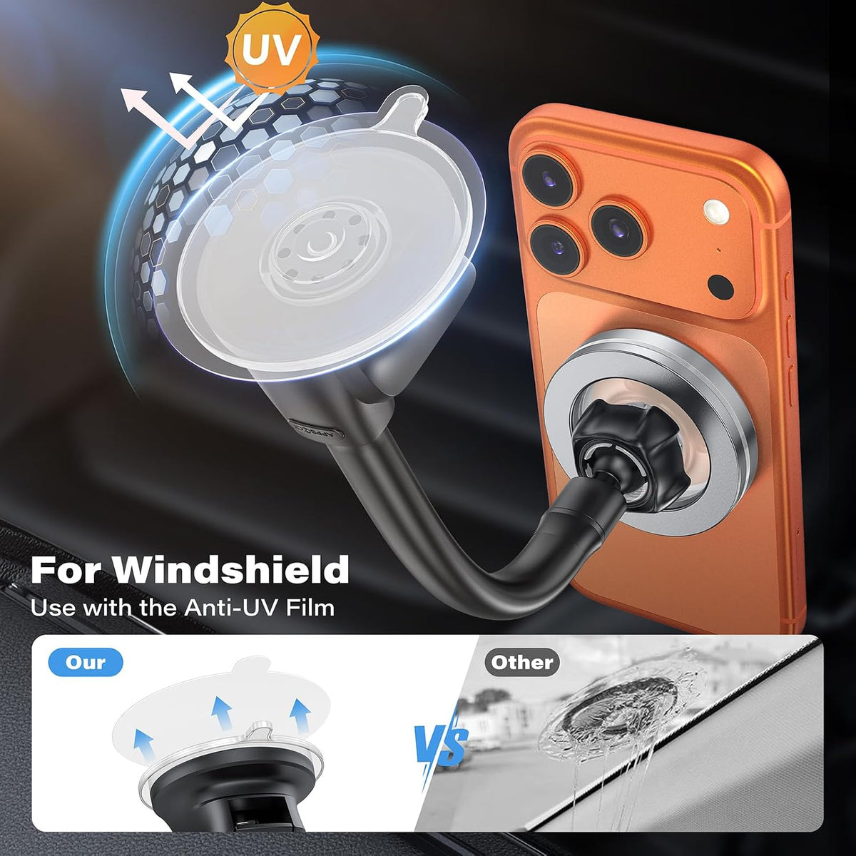 1Zero MagSafe Car Phone Mount with One-Button Suction Cup Lock