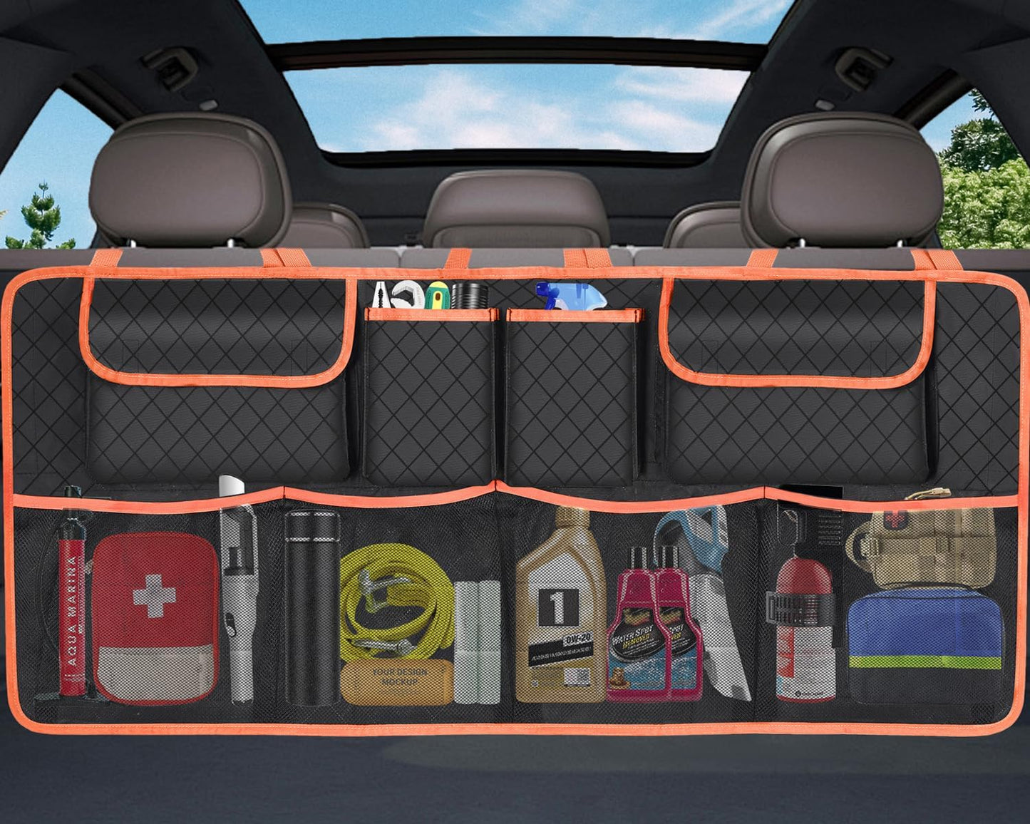 Car Trunk Organizer and Storage, Large Capacity Backseat Hanging Storage Accessories, Backseat Car Organizer for SUV/MPV/Truck (Orange)