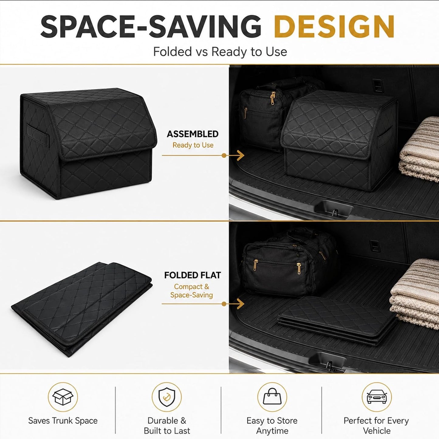 2Pack Leather Trunk Organizer for SUV & Sedans - Extra Large Foldable Car Storage Box with Lid, Adjustable Removable Dividers and Carry Handle, Collapsible Auto Cargo Organizer Black