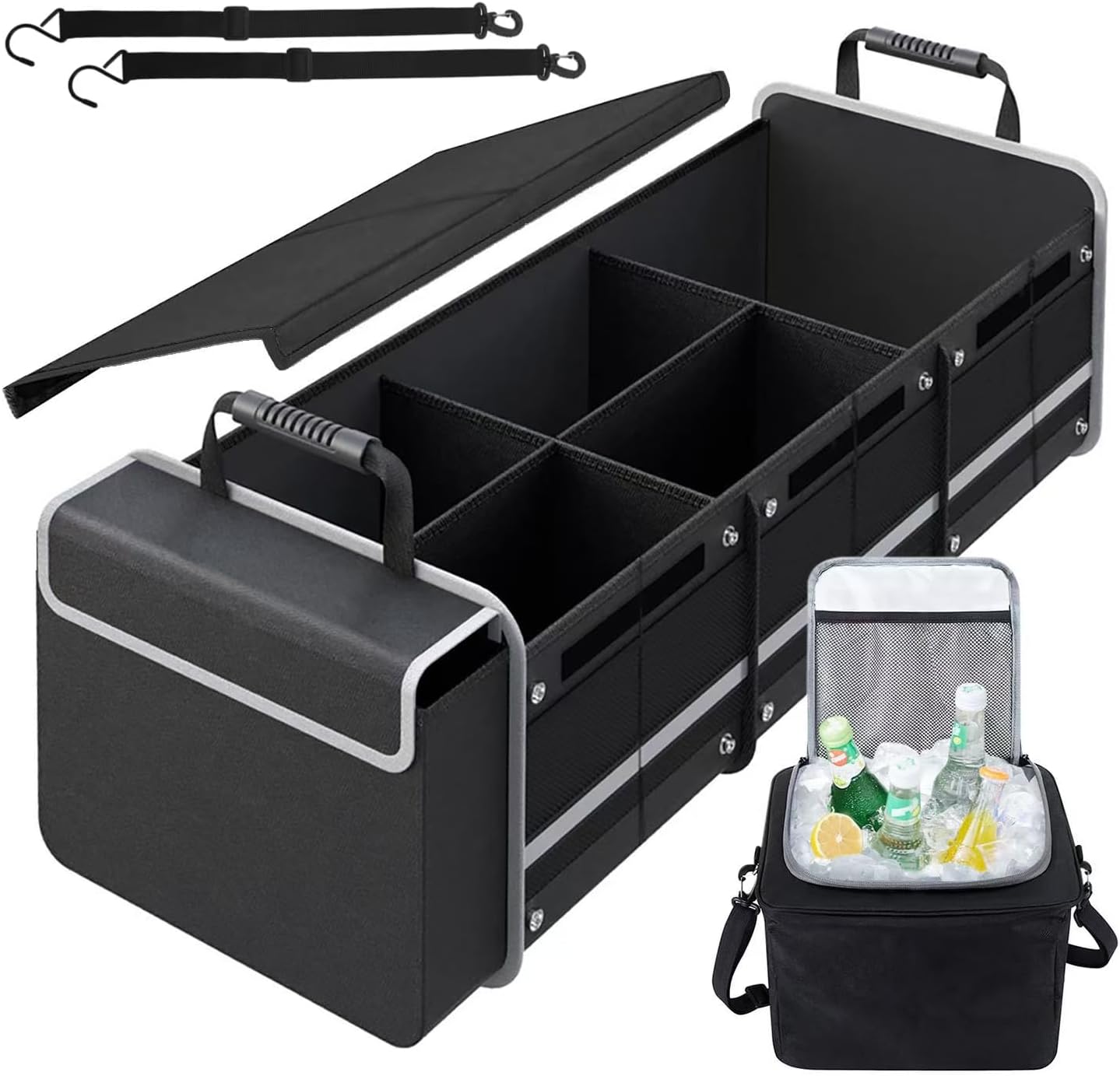 AOPHY Car Trunk Organizer with Insulated Cooler Bag, Foldable & Waterproof Storage Organizer with Lid for SUV, Truck, Sedan - 4 Large Adjustable Compartments, Heavy Duty & Collapsible Design