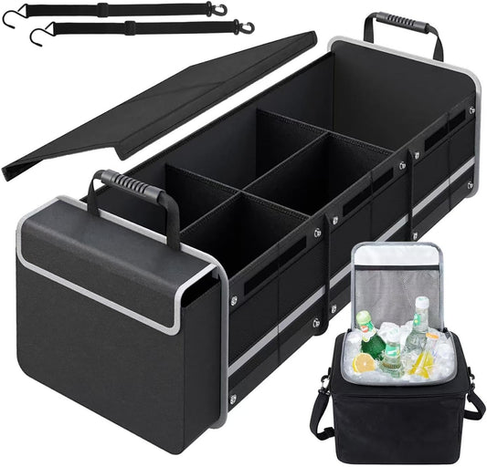 AOPHY Car Trunk Organizer with Insulated Cooler Bag, Foldable & Waterproof Storage Organizer with Lid for SUV, Truck, Sedan - 4 Large Adjustable Compartments, Heavy Duty & Collapsible Design