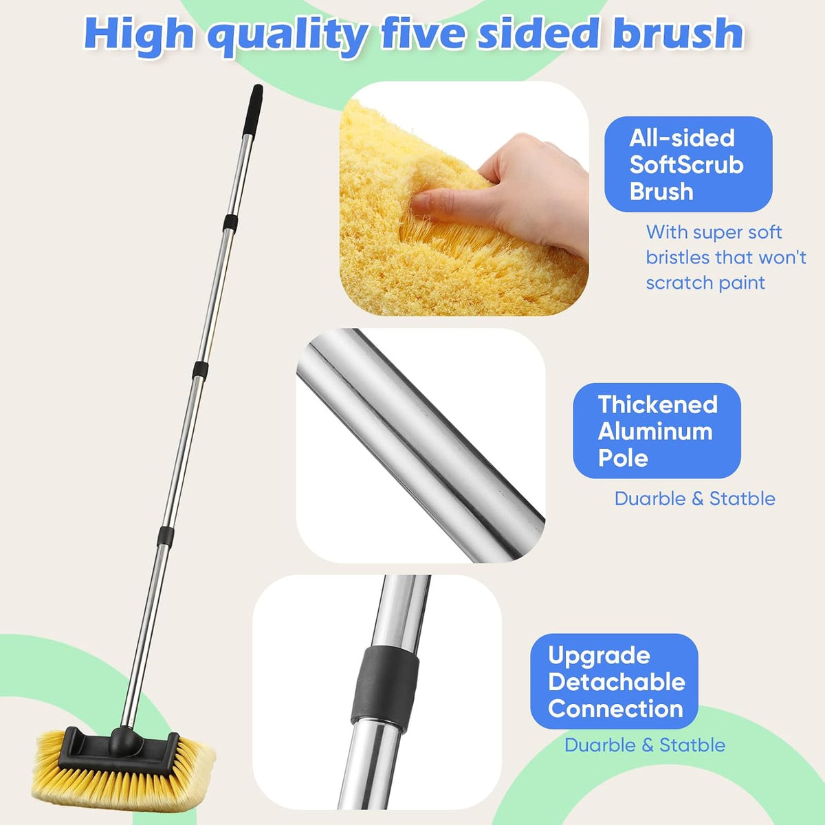 LemonRoad 65'' Five-Sided Car Wash Brush with Long Extendable Handle, Scratch-Free Soft Bristles Car Cleaning Wash Mop Kit, Universal for Truck RV SUV Boats Floors