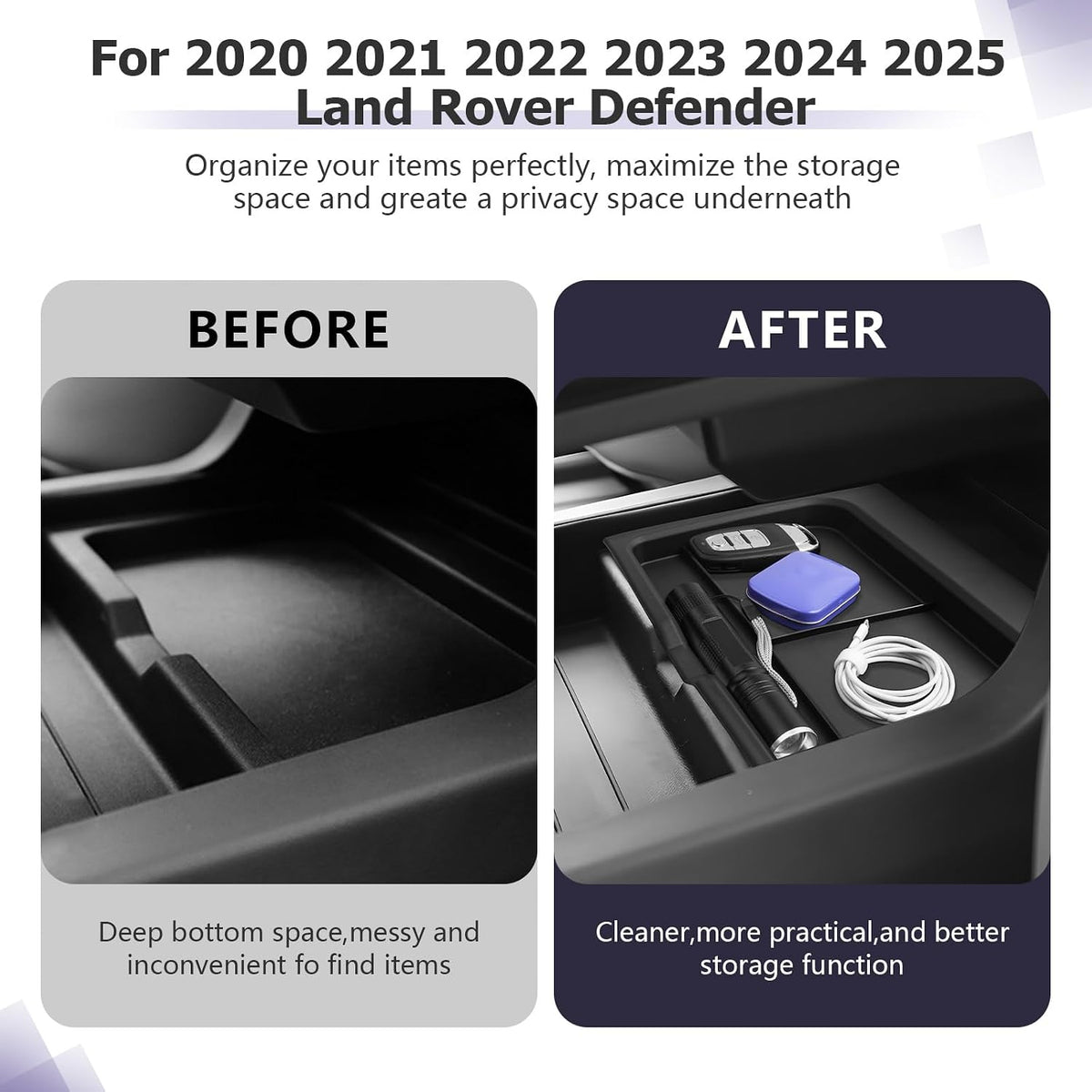LUWU 2025 Defender Lower Console Organizer Compatible with 2020 2021 2022 2023 2024 2025 Land Rover Defender Accessories Center Console Organizer Armrest Console Organizer Insert Tray