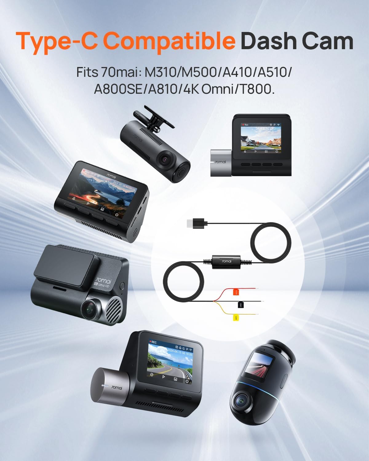 70mai Type-C Hardwire Kit UP03 for Dash Cams, 10ft, 12V-30V to 5V/2.4A, Low Voltage Protection 11.8V, 24 Hour Parking Surveillance Power Supply for M310/A510/A500S/A810/X800/A810 Lite Car Cameras