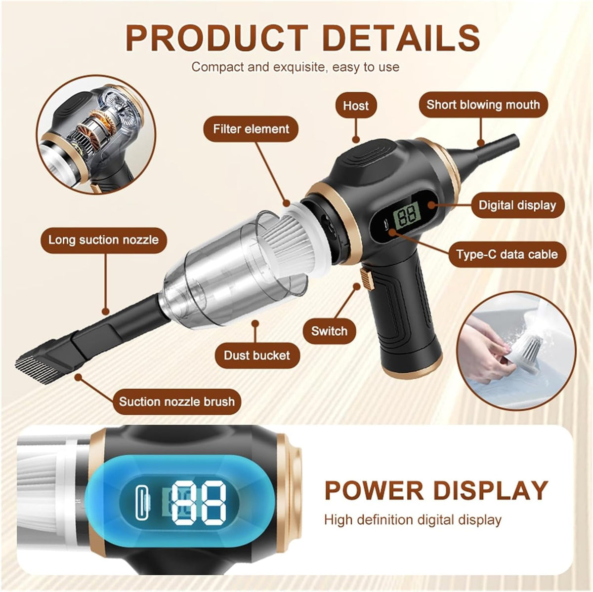 2-in-1 Car Vacuum Cleaner and Blower, High-Powered Suction for Cleaning Car Seats/mats/Trunk Dust, Portable
