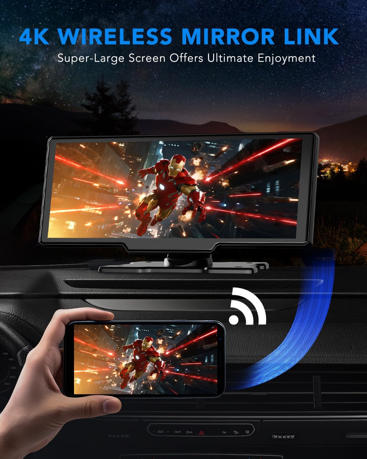 10.26" Portable Apple CarPlay Screen for Car, Wireless CarPlay & Android Auto Touch Screen, 4K Dash Cam, 1080P Backup Camera, Bluetooth 5.0, FM Transmitter, Mirror Link, Phone Navigation