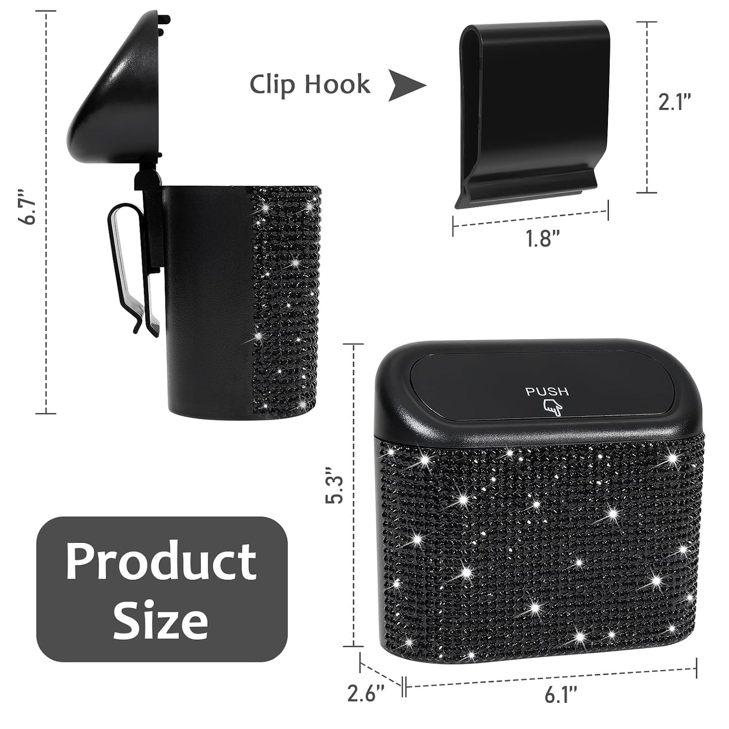 Accmor 2 Pack Bling Car Trash Can with Lid, Small Garbage Can, Auto Garbage Storage Bin with 90pcs Garbage Bags, Sparkling Crystal Trash Bags Holder for Car, Home, Office Storage (Black Rhinestone)