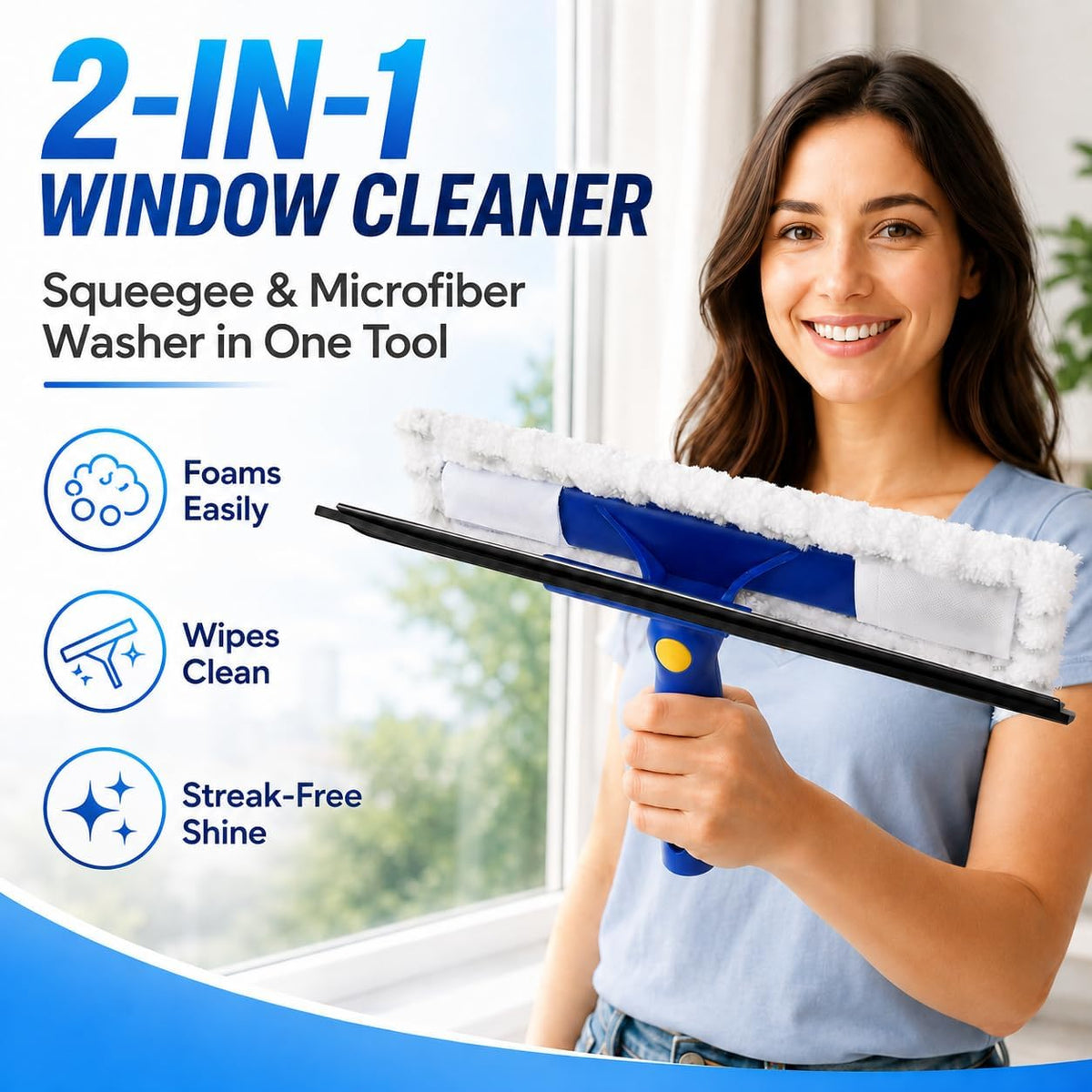 2-in-1 Window Squeegee and Microfiber Window Washer,Window Cleaning Tool for Car Windshield,Shower Glass Door,Bathroom Tile-Creative Swivel Style(Extension Pole Sold Separately)