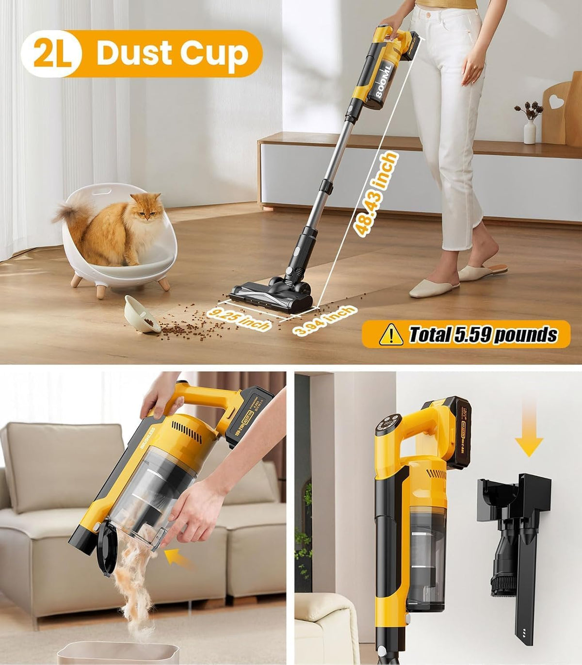 qimedo 8000mAh Cordless Vacuum Cleaner with 2 Batteries, 700W Powerful Suction, 90 Inch Extension Tube & 2L Dust Cup, 7 in 1 Stick Vacuum for Home, Hardwood Floor, Pet Hair, Dorm