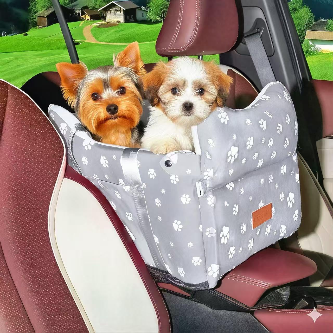 Dog Car Seat for Console - Memory Foam Pet Booster Seat for Small Medium Dogs Up to 21 lbs - SUV Truck Center Console Dog Seat with Safety Leash & Storage Pockets - Washable Cover (Large Grey)