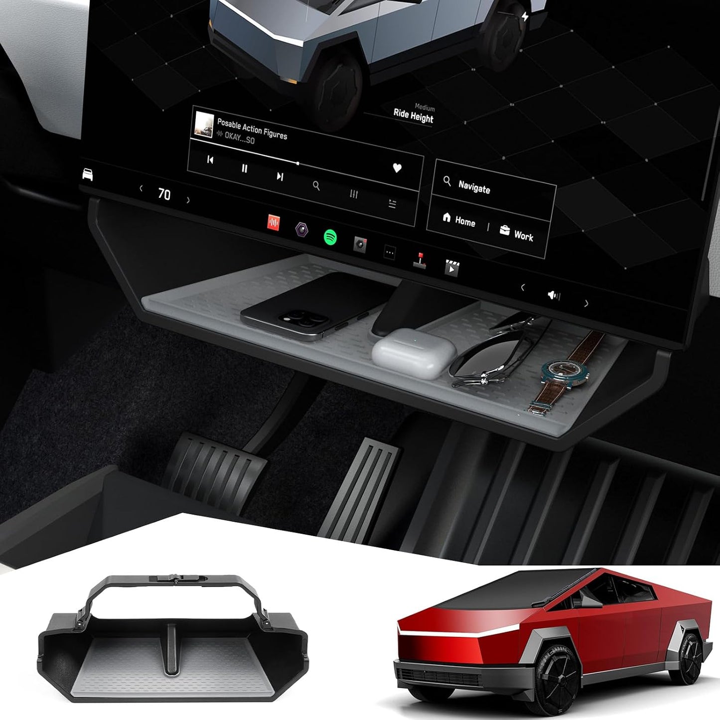 Under Screen Organizer for 2024-2026 Cybertruck Accessories, Center Console Storage Box with Anti-Slip Lining (Dual Motor/Premium AWD & Cyberbeast)