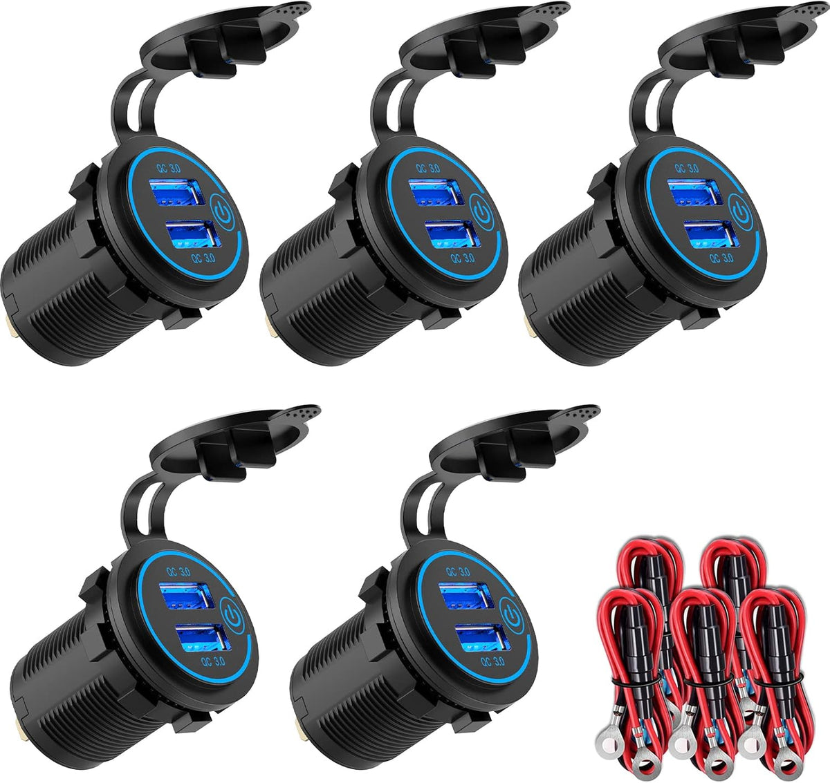 5 Pack Quick Charge 3.0 12V USB Outlet, Qidoe Waterproof QC3.0 Dual USB Power Outlet with Touch Switch Fast Car Charger Socket for 12V-24V Car Golf Cart Boat RV Motorcycle - More Affordable Pack