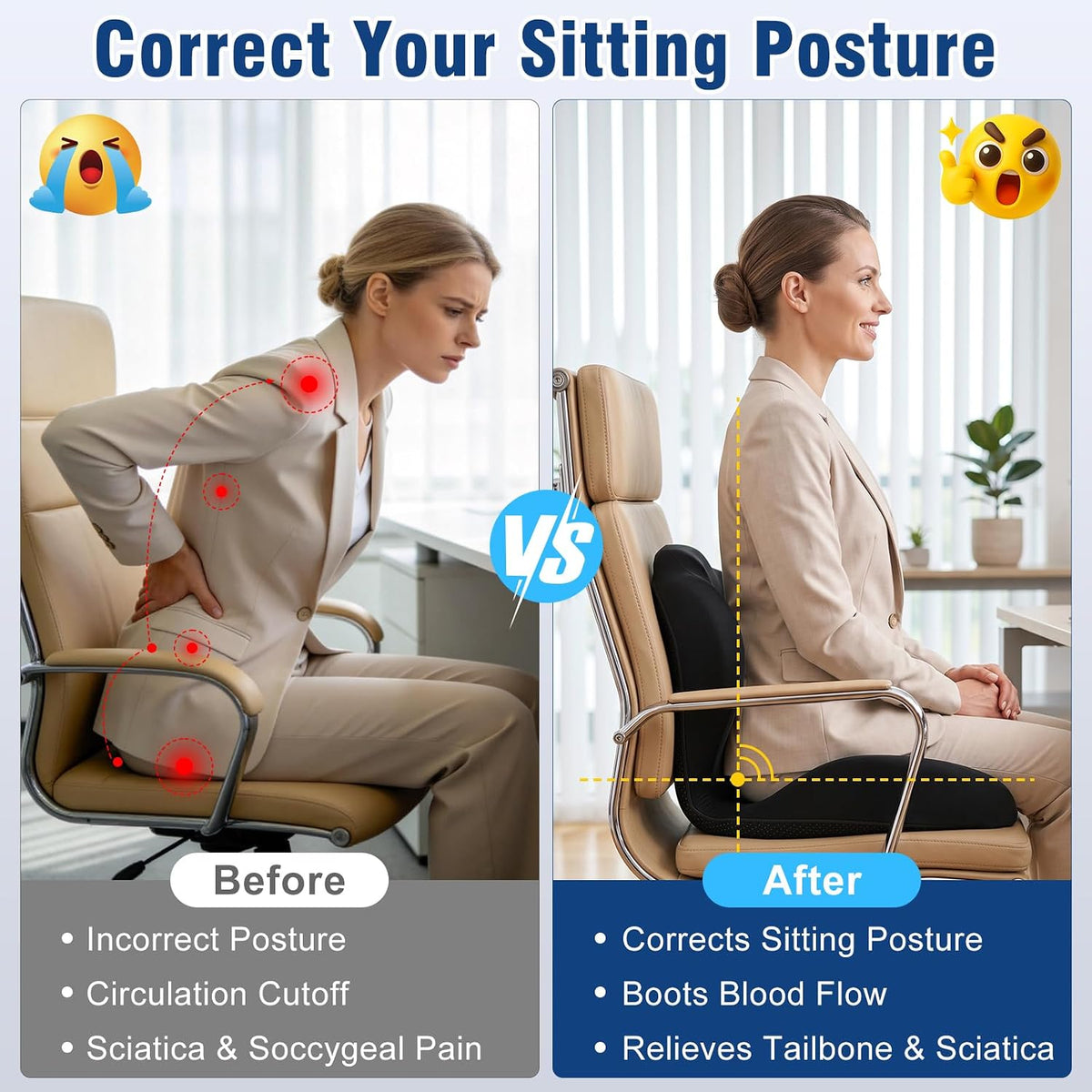 Car Seat Cushion with Lumbar Support Pillow, Memory Foam Office Chair Cushion for Back Pain Sciatica Pain Relief, Ergonomic L-Shaped Seat Cushion for Car Truck Driving Office Chair Home