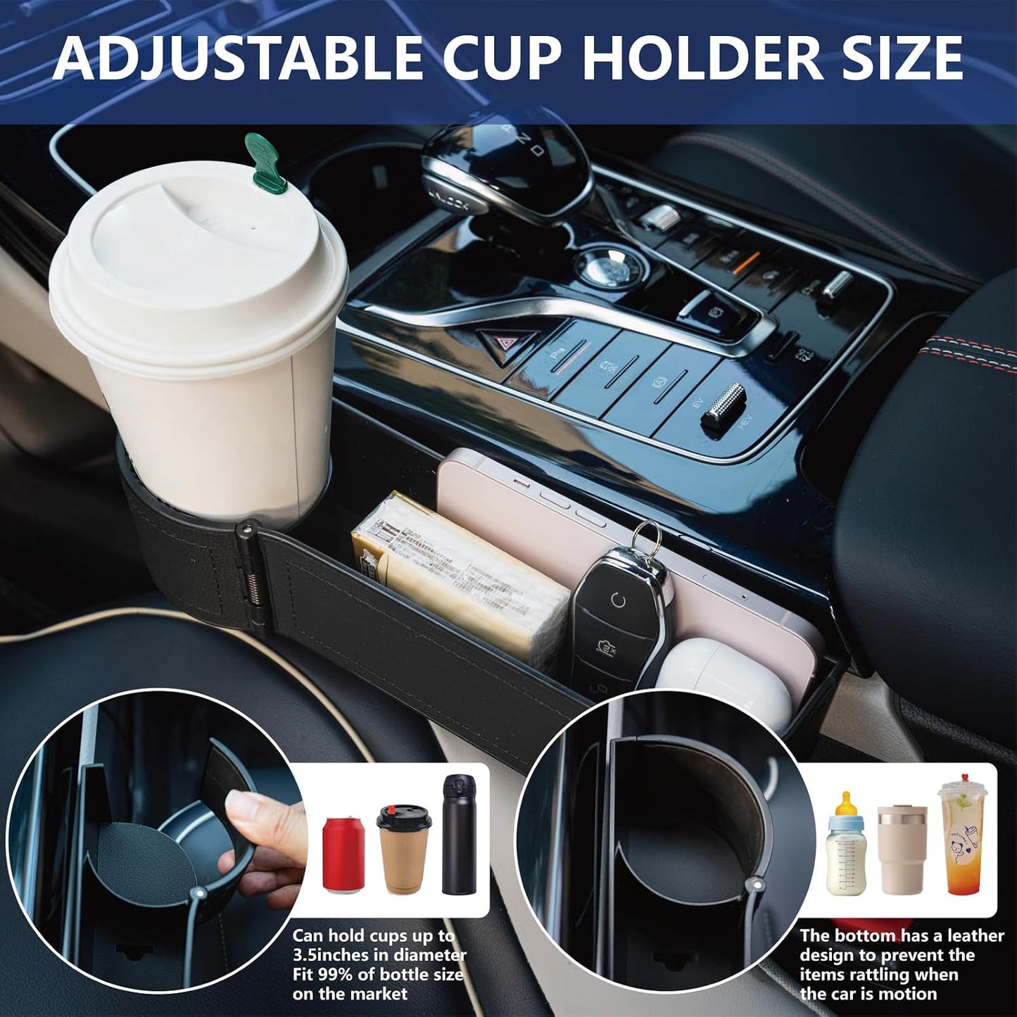 Car Seat Gap Filler Organizer,2 Pack Car Leather Cup Holder Gap Bag,Car Seat Storage Box with Cup Holder Expander,Car Organizer Front Seat for Holding Phone, Glasses, Keys, Cards (Black)