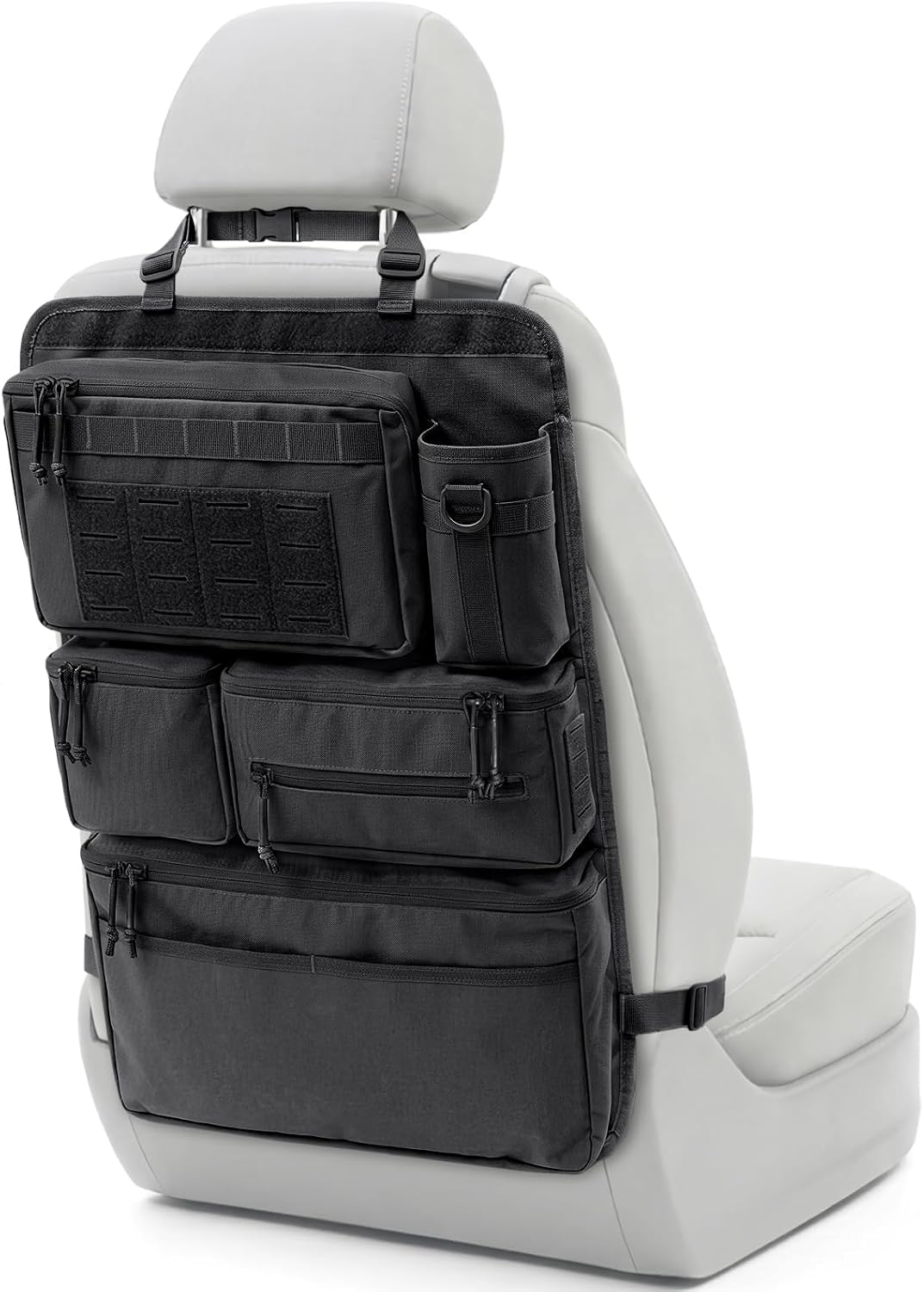 All in One Car Seat Back Organizer Fit Most Cars SUV Trucks Jeeps | Heavy Duty Molle Panel Seat Back Protector with Multi-Pockets Storage, for Tools, Toys, Camping, Travel, Daily Commuting
