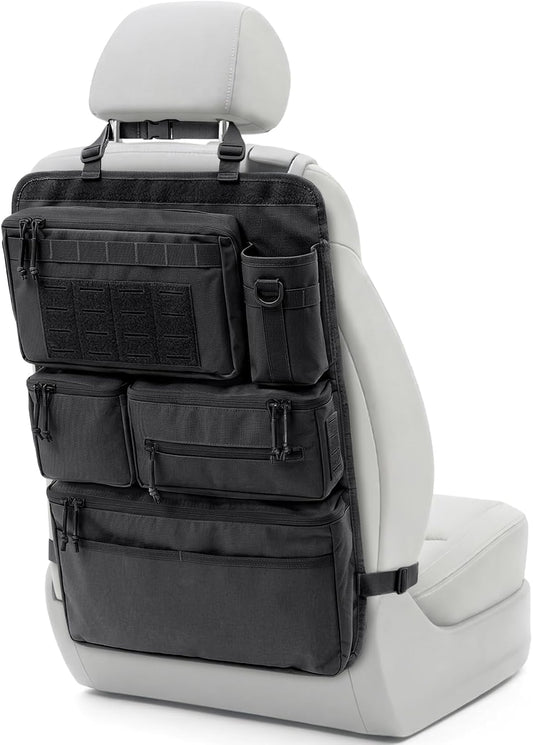 All in One Car Seat Back Organizer Fit Most Cars SUV Trucks Jeeps | Heavy Duty Molle Panel Seat Back Protector with Multi-Pockets Storage, for Tools, Toys, Camping, Travel, Daily Commuting