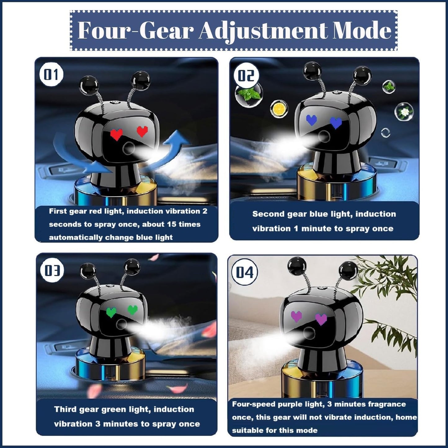 Robot Intelligent Aromatherapy Machine, Smart Cute Robot Car Air Freshener - Fine Spray/Fillable/Four-Gear Adjustment/Vibration Sensing/On-Off/Large Capacity Long-Lasting Fragrance/Black-V2(Cologne)